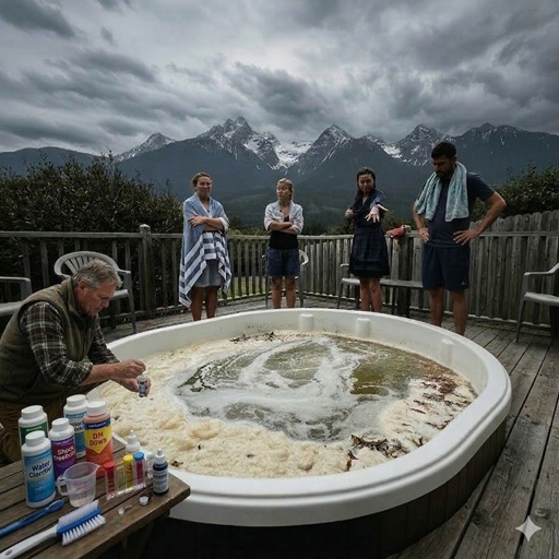 Foamy dirty hot tub water Olympic Mountains